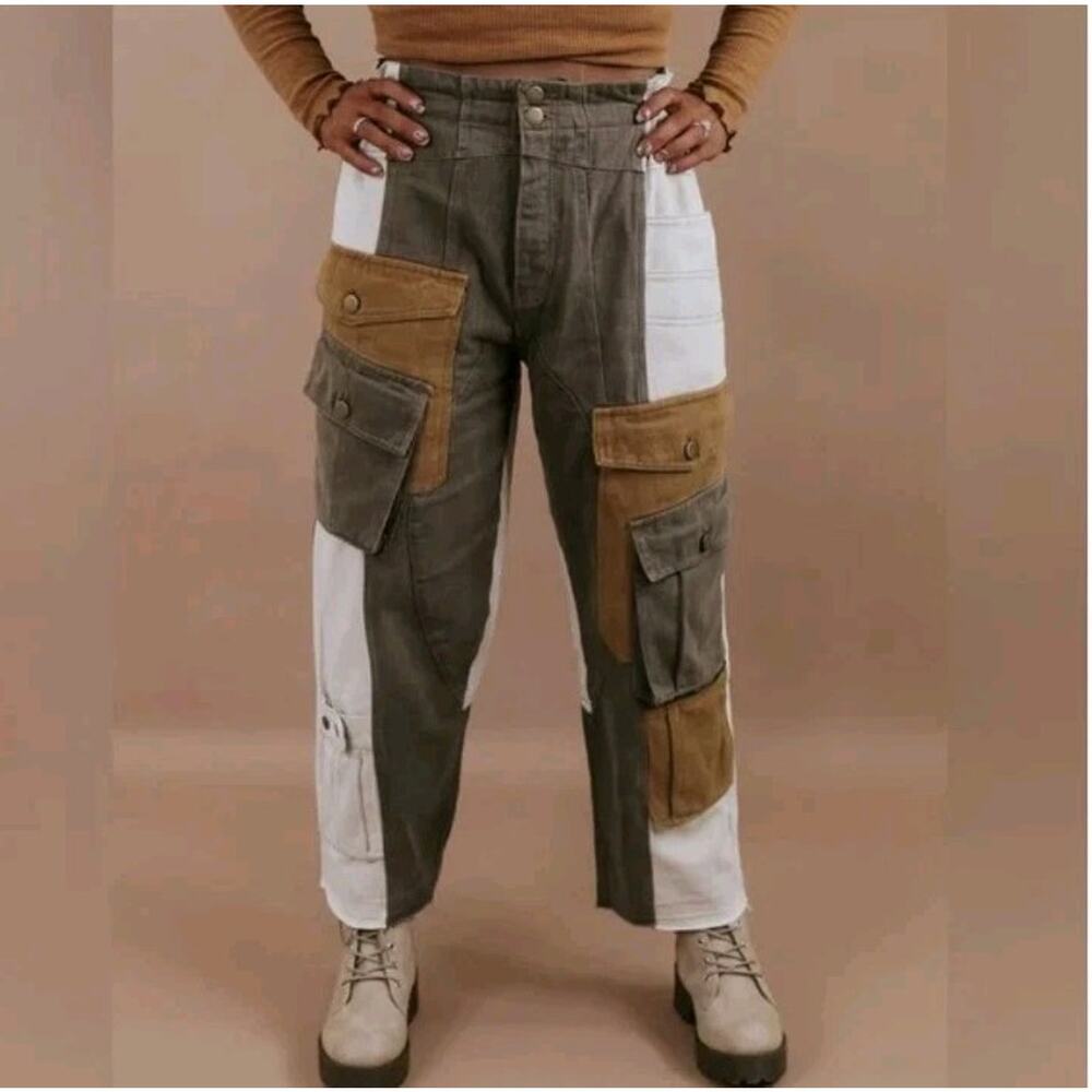 Oli & Hali Patchwork Paperbag Cargo Pants M Boho Utility Earthy Mineral Wash - Picture 14 of 16